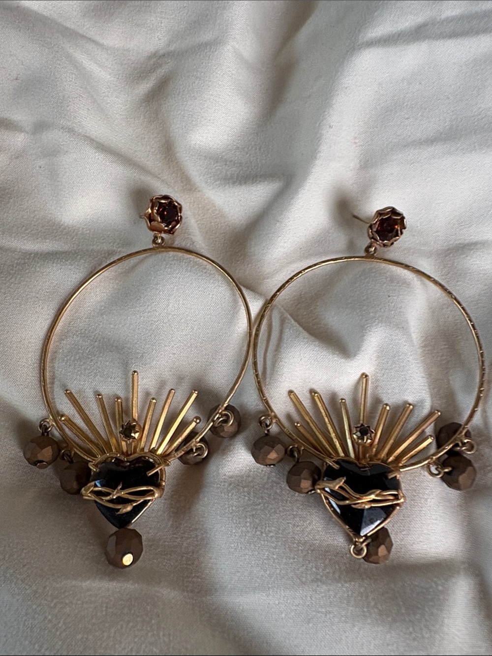 Rodeo Quincy Glass Heart Gold Tone Hoop Earrings with Brown Gem Accents